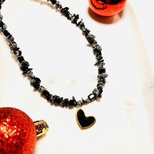 Black heart necklace - ημιπολύτιμες πέτρες, καρδιά, κοντά, ατσάλι - 2