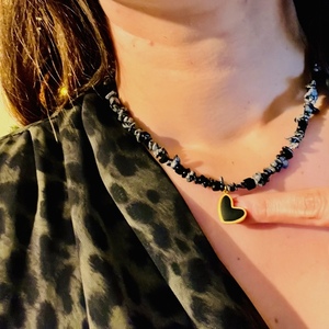 Black heart necklace - ημιπολύτιμες πέτρες, καρδιά, κοντά, ατσάλι - 5