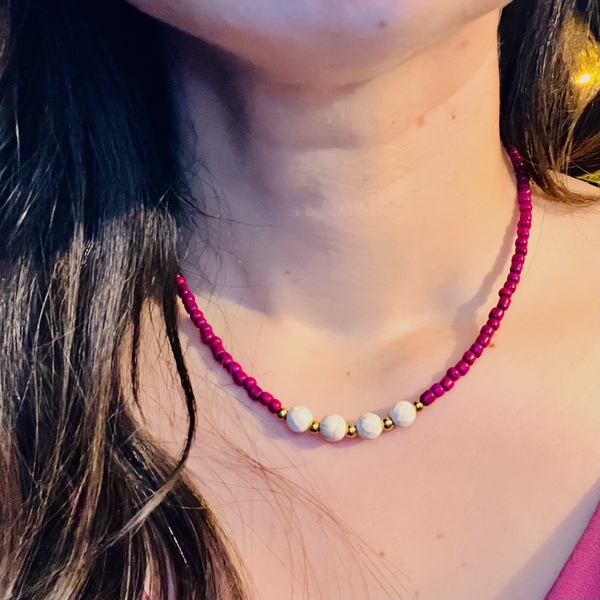 Magenta necklace - ημιπολύτιμες πέτρες, χάντρες, κοντά, ατσάλι, boho - 2