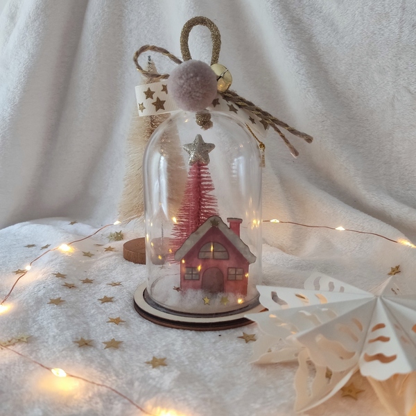 Χριστουγεννιάτικο στολίδι γούρι θόλος - ροζ δεντράκι - πλαστικό, σπίτι, στολίδια, δέντρο - 2