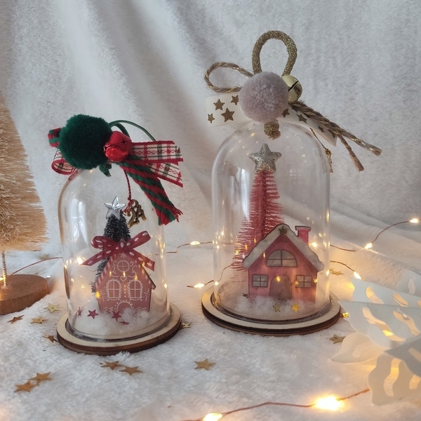 Χριστουγεννιάτικο στολίδι γούρι θόλος - ροζ δεντράκι - πλαστικό, σπίτι, στολίδια, δέντρο - 3