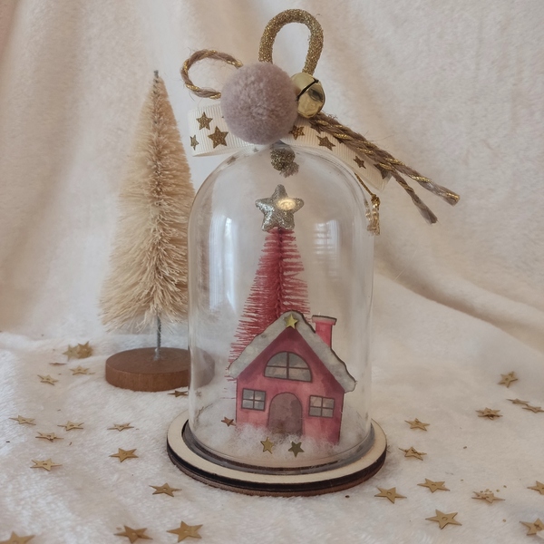 Χριστουγεννιάτικο στολίδι γούρι θόλος - ροζ δεντράκι - πλαστικό, σπίτι, στολίδια, δέντρο - 4