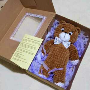 Αρκουδάκι γκρι μπλε με καρδουλα λούτρινο πλεκτό χειροποίητο κουκλάκι 30cm σε κουτί δώρου - δώρο, λούτρινα, παιχνίδια - 4