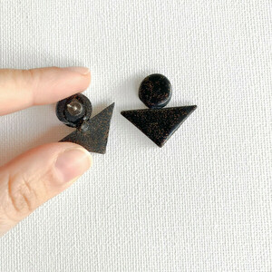 |Black Glitter| Geometrical Shape - POLYMER CLAY - Earrings - πηλός, γεωμετρικά σχέδια, καρφωτά, μεγάλα, καρφάκι - 3