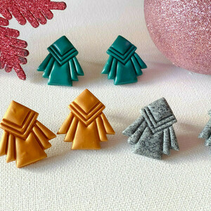 |GREEN| Art deco - POLYMER CLAY - Earrings - πηλός, γεωμετρικά σχέδια, καρφωτά, μεγάλα, καρφάκι - 3