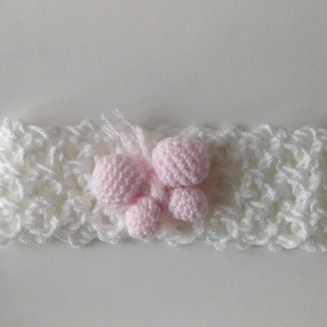 Πλεκτή βρεφική λευκή κορδέλα με 3D ροζ πεταλούδα ή πλεκτό λουλούδι - 0-3 μηνών, κορδέλες για μωρά