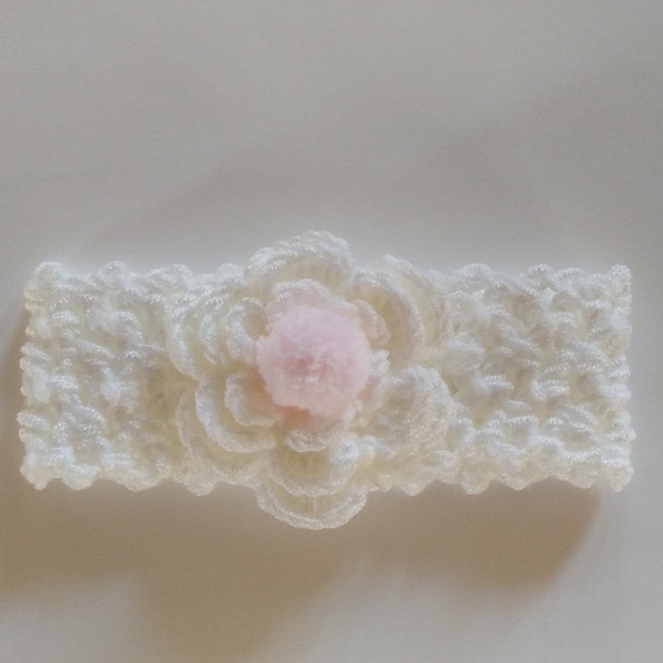 Πλεκτή βρεφική λευκή κορδέλα με 3D ροζ πεταλούδα ή πλεκτό λουλούδι - 0-3 μηνών, κορδέλες για μωρά - 2