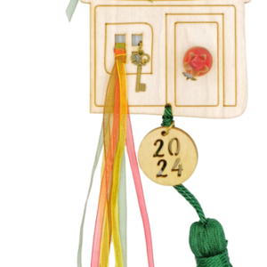 Γούρι 2024 - Ξύλινο κρεμαστό γούρι σπιτάκι με πράσινη φούντα, ρόδι και κλειδάκι - ξύλο, σπίτι, μέταλλο, χριστουγεννιάτικα δώρα, γούρια - 3
