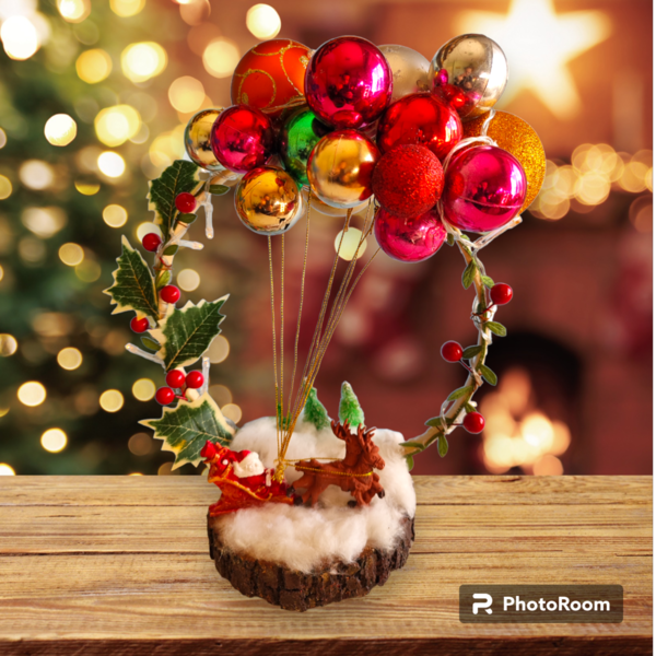 Χειροποιητη Χριστουγεννιατικη ξυλινη συνθεση φωτιζομενη(με led μπαταριας) - ξύλο, στεφάνια, πηλός, διακοσμητικά, άγιος βασίλης - 2