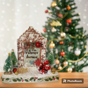 Χειροποιητη Χριστουγεννιατικη συνθεση , Γουρι 2024. με ξυλινο σπιτακι με την χιονισμενη αυλη του, για τον καλυτερο δασκαλο - ξύλο, vintage, δασκάλα, διακοσμητικά, προσωποποιημένα - 5