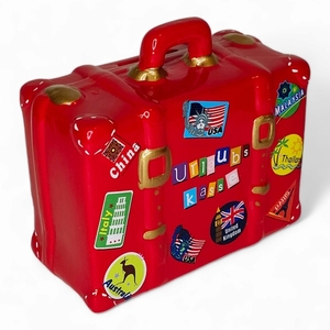 Κεραμικός κουμπαράς κόκκινη βαλίτσα γι'αυτούς που δεν ζουν χωρίς ταξίδια! - πηλός, κουμπαράδες - 2