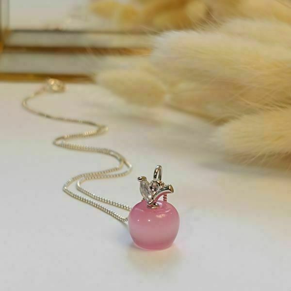 Κολιέ, μενταγιόν με πέτρα ροζ οπάλιο σε σχήμα μήλου και αλυσίδα silver - ασήμι 925, κοντά, οπάλιο, μενταγιόν - 2