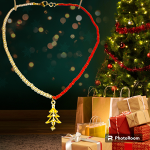 Χειροποιητο Κολιε με λευκες περλες και μπορντοκοκκινες τσεχικες χαντρες και ατσαλινο χρυσο δεντρακι με ζιργκονακια - γυαλί, χάντρες, κοσμήματα, χριστουγεννιάτικα δώρα, δέντρο - 4