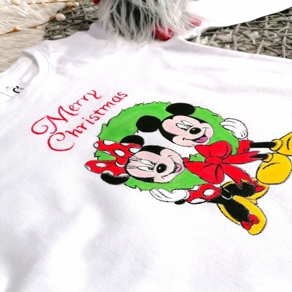 Christmas Mickey & Minnie handpainted μπλουζάκι - βαμβάκι, μακρυμάνικες