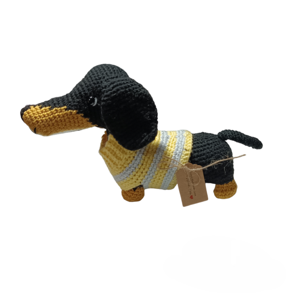 Χειροποίητο πλεκτό σκυλάκι Dachshund (λουκάνικο) σε μαύρο- 16 εκ - χειροποίητα, λούτρινα, amigurumi