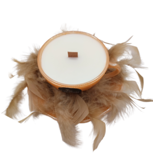 Αρωματικό κερί σόγιας, με άρωμα coconut passion με ξύλινο οικολογικό φυτίλι, σε Σομον vintage φλυτζάνι με βάση, διακοσμημένο με πούπουλα σε χρώμα καφέ - vintage, αρωματικά κεριά