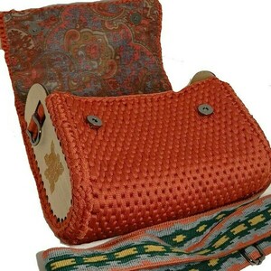Πλεκτή τσάντα σε κεραμιδή χρώμα με ξύλινα πλαινα - ξύλο, νήμα, ώμου, all day, πλεκτές τσάντες - 4