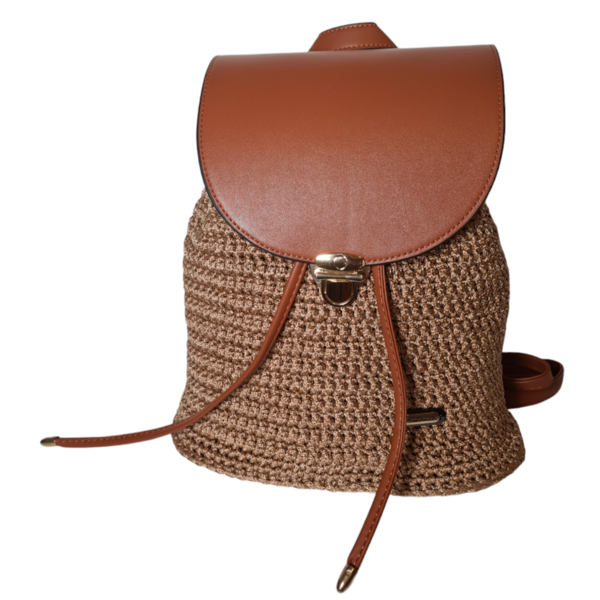 Handmade πλεκτό backpack καφέ_2 - νήμα, πλάτης, δερματίνη, πλεκτές τσάντες