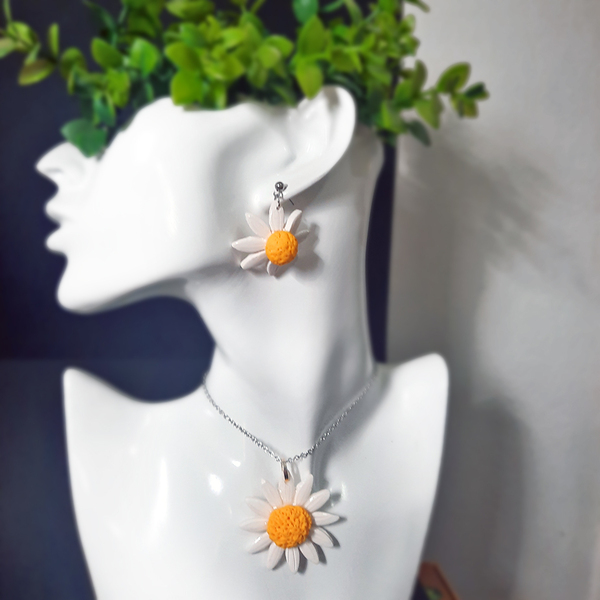 Μενταγιόν λευκό λουλούδι από πολυμερικό πηλό με αλυσίδα 50 εκ. - πηλός, λουλούδι, ατσάλι, μενταγιόν - 4