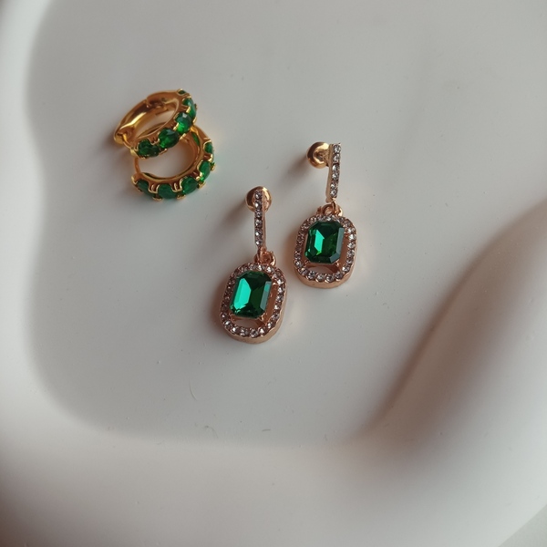 Πράσινα κρικακια σκουλαρίκια - στρας, επιχρυσωμένα, ασήμι 925, μικρά, καρφάκι - 4