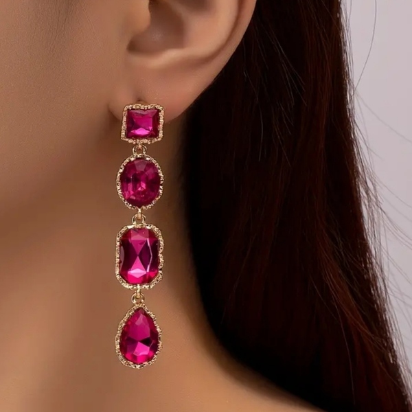 Κρεμαστά σκουλαρίκια ροζ φούξια - επιχρυσωμένα, ορείχαλκος, μακριά, ατσάλι, μεγάλα - 2