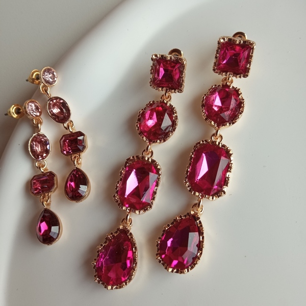 Κρεμαστά σκουλαρίκια ροζ φούξια - επιχρυσωμένα, ορείχαλκος, μακριά, ατσάλι, μεγάλα - 3
