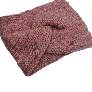 Χειροποίητη πλεκτή κορδέλα μαλλιών σε ροζ tweed χρωμα. - μαλλί, turban, headbands
