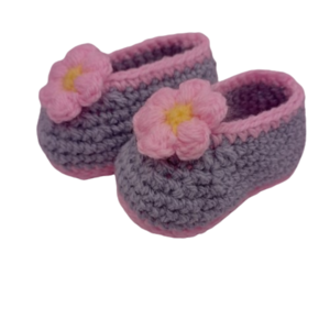 πλεκτά παπούτσια αγκαλιάς για κορίτσι, μπαλαρίνες με λουλούδι, γκρι ροζ - κορίτσι, customized, αγκαλιάς - 3