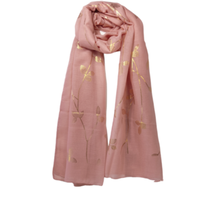 Φουλάρι φαρδύ ροζ με χρυσά φύλλα - φουλάρια, δώρα για γυναίκες