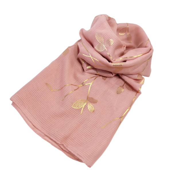 Φουλάρι φαρδύ ροζ με χρυσά φύλλα - φουλάρια, δώρα για γυναίκες - 3
