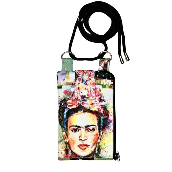Χειροποίτο τσαντάκι κινητού 13x20 εκ "Frida" με δύο θήκες - ύφασμα, χιαστί, all day, τσαντάκια