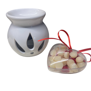 Σετ Δωρου: Λευκος Κεραμικος Αρωματιστης Με Waxmelts Mini Dots Σε Πλαστικη Συσκευασια Σε Σχημα Καρδιας - κερί, αρωματικά κεριά, αρωματικό χώρου, 100% φυτικό, soy wax