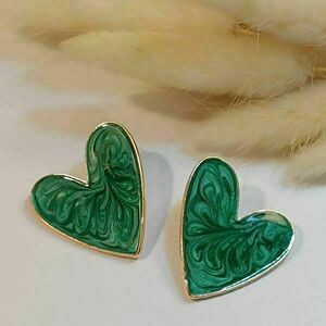Καρφωτά μεγάλα σκουλαρίκια Καρδιές σε πράσινο χρώμα - καρδιά, καρφωτά, μεγάλα, zamak - 2