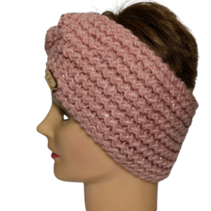 Κορδέλα μαλλιών / Headband χρώμα old rose με ασημί κλωστή, χειροποίητο πλεκτό με βελόνες σε πανέμορφο σχέδιο ζιγκ - ζάκ. - μαλλί, νήμα, σκουφάκια, headbands - 2