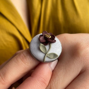 Pauline | Χειροποίητο αυξομειούμενο δαχτυλίδι με λουλούδι από πολυμερικό πηλό - λουλούδι, ατσάλι, αυξομειούμενα, φθηνά - 2