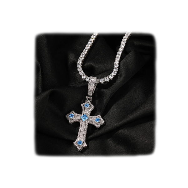 Vintage Σταυρός από Ατσάλι χρώματος Ασημί με Γαλάζιες Πέτρες Ζιργκόν 6,7x3,5εκ, 29.3γρ. - σταυρός, μακριά, ατσάλι, ζιργκόν - 2
