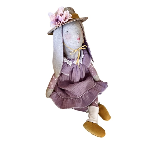 Κούκλα πάνινο κουνελάκι κορίτσι με ψάθινο καπέλο 55cm - κορίτσι, λούτρινα, πασχαλινά δώρα, κουνελάκι