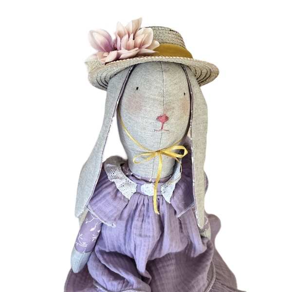 Κούκλα πάνινο κουνελάκι κορίτσι με ψάθινο καπέλο 55cm - κορίτσι, λούτρινα, πασχαλινά δώρα, κουνελάκι - 2