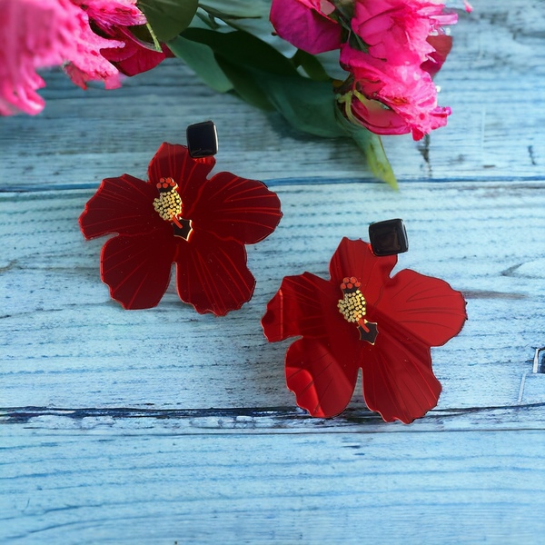 Σκουλαρίκια Κατακόκκινο λουλούδι ιβίσκος από plexiglass - λουλούδι, καρφωτά, plexi glass, boho, μεγάλα - 2