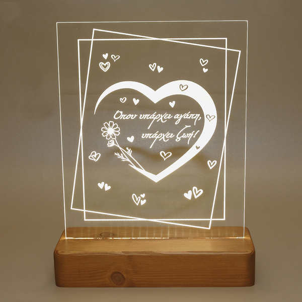 Φωτιστικό μπαταρίας με ξύλινη βάση, 22x28 εκ., “Καρδιά με μαργαρίτα” - ξύλο, πορτατίφ, plexi glass, διακοσμητικά, ζευγάρι - 2