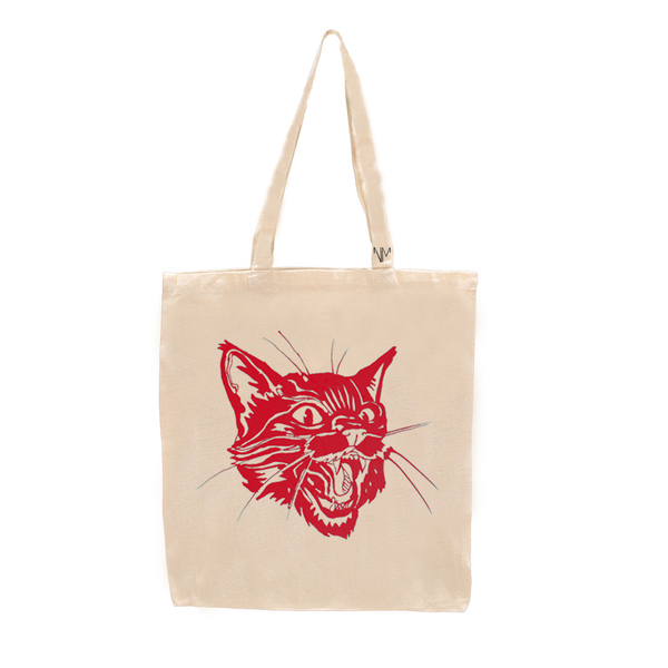 Tote Bag Υφασμάτινη Wild Cat Εκρού - Κόκκινο 48x32 - ύφασμα, ώμου, all day, tote, πάνινες τσάντες