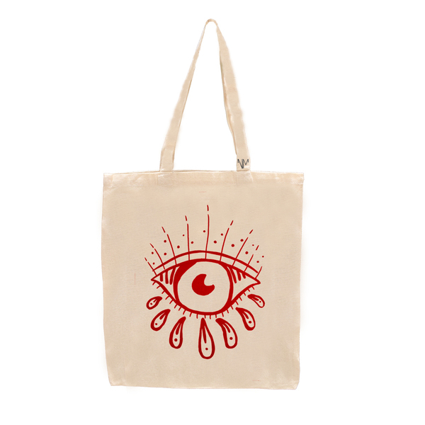Tote Bag Υφασμάτινη Teared Eye Εκρού - Κόκκινο 48x32 - ύφασμα, ώμου, all day, tote, πάνινες τσάντες