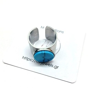 Ατσάλινο φαρδύ δαχτυλίδι με μπλε Χαολίτη σε προσαρμοζόμενο μέγεθος - ημιπολύτιμες πέτρες, ατσάλι, boho, αυξομειούμενα - 2