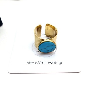 Ατσάλινο επιχρυσωμένο φαρδύ δαχτυλίδι με μπλε Χαολίτη σε προσαρμοζόμενο μέγεθος - ημιπολύτιμες πέτρες, επιχρυσωμένα, ατσάλι, boho, αυξομειούμενα - 2