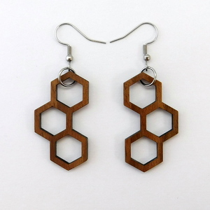 Κρεμαστά σκουλαρίκια από ξύλο καρυδιάς Κηρήθρα (Honeycomb) - ξύλο, μακριά, γάντζος, φθηνά