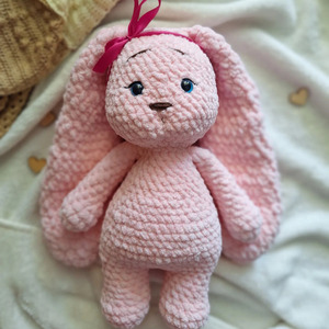 ,Βελούδινο πλεκτό ροζ κουνελάκι (30cm) - κορίτσι, βελούδο, λούτρινα, λαγουδάκι, κουνελάκι - 2