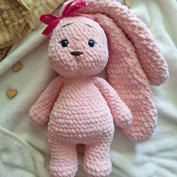 ,Βελούδινο πλεκτό ροζ κουνελάκι (30cm) - κορίτσι, βελούδο, λούτρινα, λαγουδάκι, κουνελάκι - 3