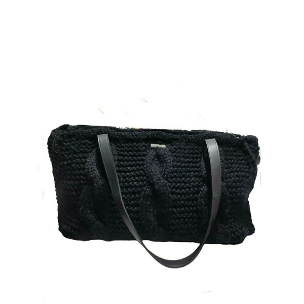 Πλεκτή τσάντα ώμου μαύρη μεγαλη. - animal print, νήμα, ώμου, all day, πλεκτές τσάντες