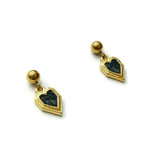 Mini σκουλαρίκια καρδιές με μαύρο marbled σμάλτο - επιχρυσωμένα, καρδιά, μικρά, ατσάλι, zamak - 2