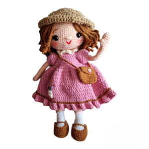 Χειροποίητη πλεκτή κούκλα με ροζ φόρεμα (29cm) - κορίτσι, λούτρινα, κουκλίτσα, κούκλες, πλεχτή κούκλα